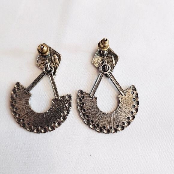 Silver Tone Blue Stone Bohemian Boho Aztec Sunflower Drop Dangle Post Earrings - Picture 2 of 4